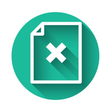 Beyaz Sil dosya belge simgesi uzun gölge ile yalıtılmış. Reddedilen belge simgesi. Kağıt üzerinde çapraz. Yeşil daire düğmesi. Vektör Illustration