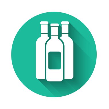 Uzun gölgeli beyaz şarap şişeleri. Yeşil daire düğmesi. Vektör İllüstrasyonu