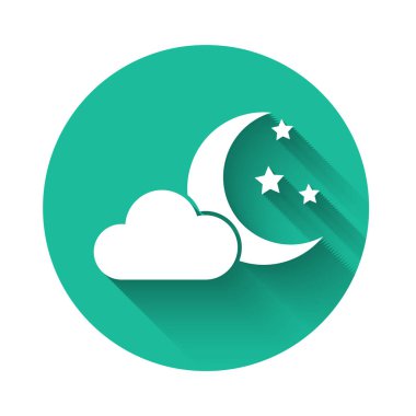 Aylı beyaz bulut ve uzun gölgeli yıldız ikonu. Bulutlu gece işareti. Uyku rüyalarının sembolü. Gece ya da yatak zamanı tabelası. Yeşil daire düğmesi. Vektör İllüstrasyonu