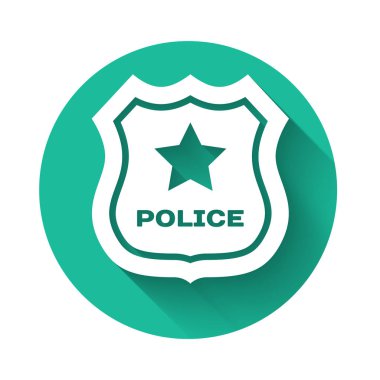 Beyaz Polis rozet ikonu uzun gölgeli izole edilmiş. Şerif rozeti. Yeşil daire düğmesi. Vektör İllüstrasyonu