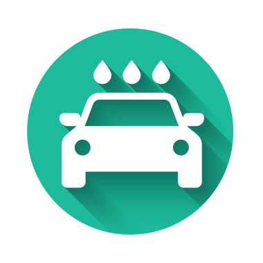 Uzun gölgeli beyaz araba yıkama ikonu. Araba yıkama ve su bulutu ikonu. Yeşil daire düğmesi. Vektör İllüstrasyonu