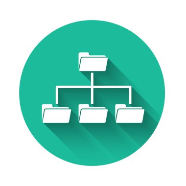 Beyaz Dizin ağaç simgesi uzun gölgeyle izole edildi. Bilgisayar ağı dosya dizini yapı akış şeması. Yeşil daire düğmesi. Vektör İllüstrasyonu