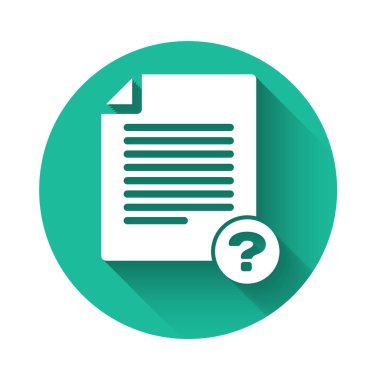 Beyaz Bilinmeyen belge simgesi uzun gölgeyle izole edildi. Soru işareti olan dosya. Raporu, servisi ve küresel arama işaretini beklet. Yeşil daire düğmesi. Vektör İllüstrasyonu