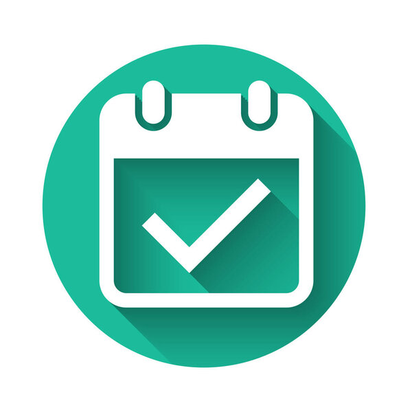 White Calendar with check mark icon isolated with long shadow. Green circle button. Vector Illustration