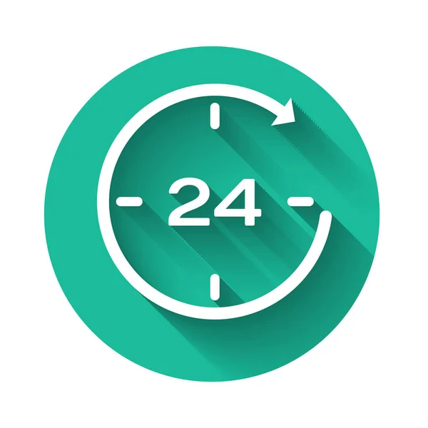 Relógio Branco 24 horas ícone isolado com sombra longa. Ícone cíclico o dia todo. 24 horas de símbolo de serviço. Botão de círculo verde. Ilustração vetorial — Vetor de Stock