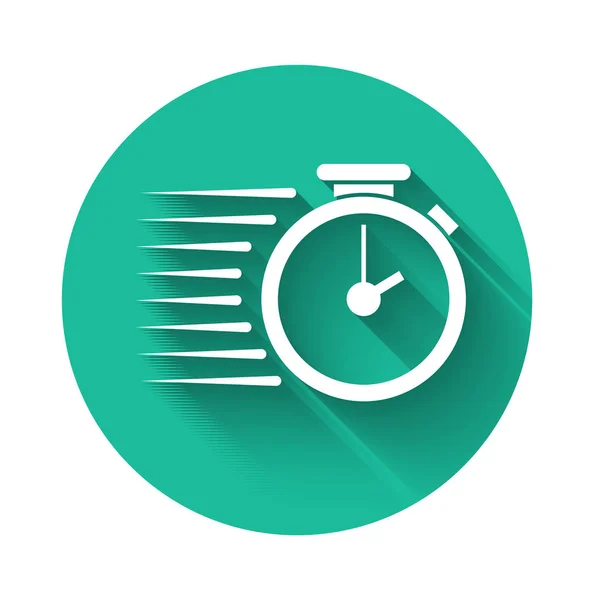 White Stopwatch icon isolated with long shadow. Time timer sign. Green circle button. Vector Illustration — Stock Vector