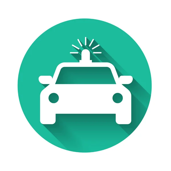 White Police car and police flasher icon isolated with long shadow. Emergency flashing siren. Green circle button. Vector Illustration — 스톡 벡터