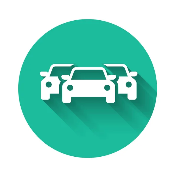 White Cars icon isolated with long shadow. Green circle button. Vector Illustration — 스톡 벡터