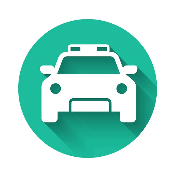 White Police car and police flasher icon isolated with long shadow. Emergency flashing siren. Green circle button. Vector Illustration — 스톡 벡터