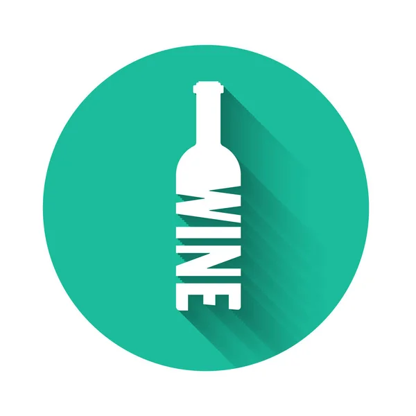 White Bottle of wine icon isolated with long shadow. Lettering bottle of wine. Green circle button. Vector Illustration — 스톡 벡터