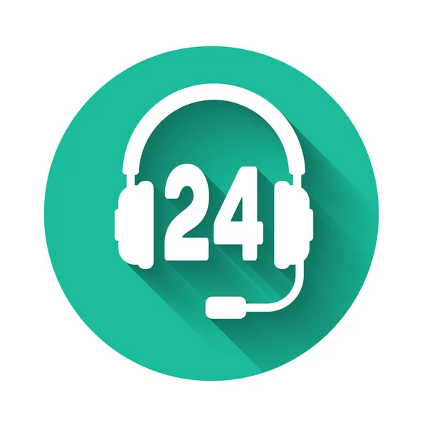 White Headphone for support or service icon isolated with long shadow. Concept of consultation, hotline, call center, faq, maintenance, assistance. Green circle button. Vector Illustration — 스톡 벡터