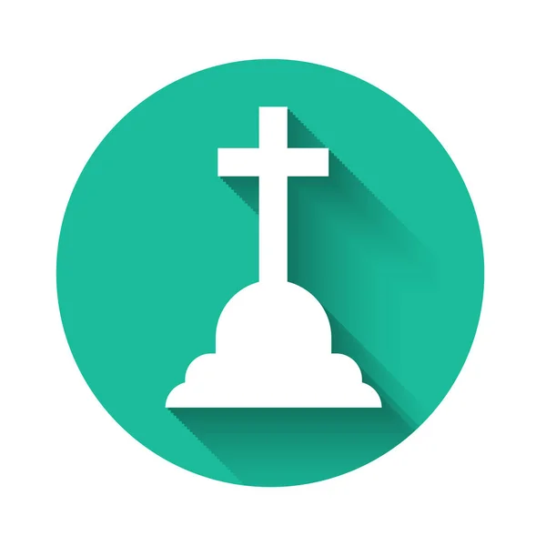 Tombeau blanc avec icône en croix isolé avec une longue ombre. Icône de tombe. Bouton rond vert. Illustration vectorielle — Image vectorielle