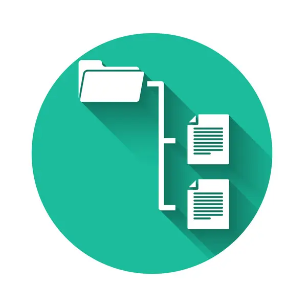 Λευκή εικόνα δέντρου Folder απομονωμένη με μεγάλη σκιά. Δίκτυο υπολογιστών αρχείο φάκελο οργάνωση δομή διάγραμμα ροής. Πράσινο κουμπί κύκλου. Εικονογράφηση διανύσματος — Διανυσματικό Αρχείο