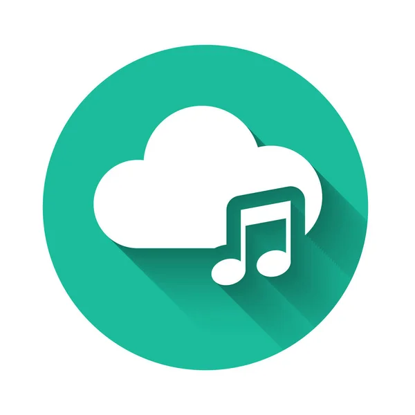 Icône de service de streaming de musique blanche isolée avec ombre longue. Cloud Computing sonore, streaming multimédia en ligne, chanson en ligne, onde audio. Bouton rond vert. Illustration vectorielle — Image vectorielle