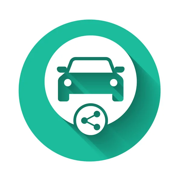 White Car sharing icon isolated with long shadow. Carsharing sign. Transport renting service concept. Green circle button. Vector Illustration — 스톡 벡터