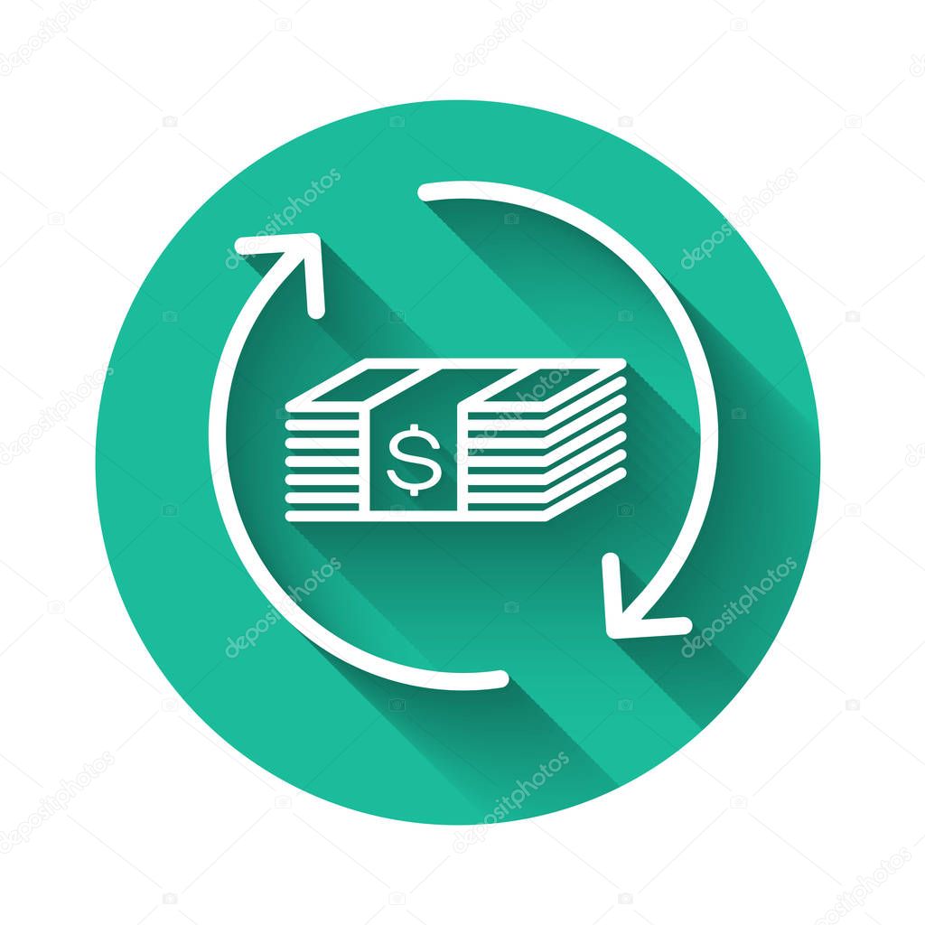 White Refund money icon isolated with long shadow. Financial services, cash back concept, money refund, return on investment, savings account. Green circle button. Vector Illustration