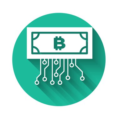 Beyaz Kripto para kavramı Bitcoin ve uzun gölgeli mikroçip devre ikonu. Engelleme teknolojisi, dijital para piyasası. Yeşil daire düğmesi. Vektör İllüstrasyonu