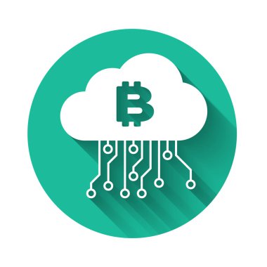Beyaz Cryptocurrency bulut madenciliği simgesi uzun gölge ile yalıtılmış. Blockchain teknolojisi, bitcoin, dijital para piyasası, kripto para cüzdanı. Yeşil daire düğmesi. Vektör İllüstrasyonu