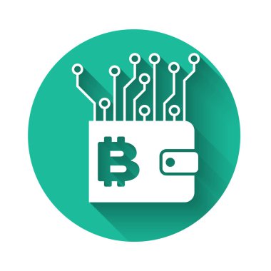 Beyaz Cryptocurrency cüzdan simgesi uzun gölge ile izole. Cüzdan ve bitcoin işareti. Madencilik konsepti. Para, ödeme, nakit, ödeme simgesi. Yeşil daire düğmesi. Vektör İllüstrasyonu