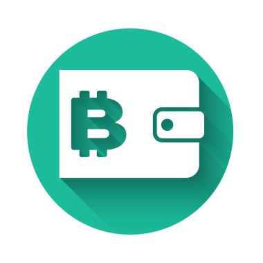 Beyaz Cryptocurrency cüzdan simgesi uzun gölge ile izole. Cüzdan ve bitcoin işareti. Madencilik konsepti. Para, ödeme, nakit, ödeme simgesi. Yeşil daire düğmesi. Vektör İllüstrasyonu