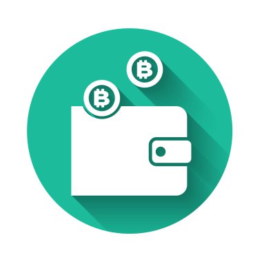 Beyaz Cryptocurrency cüzdan simgesi uzun gölge ile izole. Cüzdan ve bitcoin işareti. Madencilik konsepti. Para, ödeme, nakit, ödeme simgesi. Yeşil daire düğmesi. Vektör İllüstrasyonu