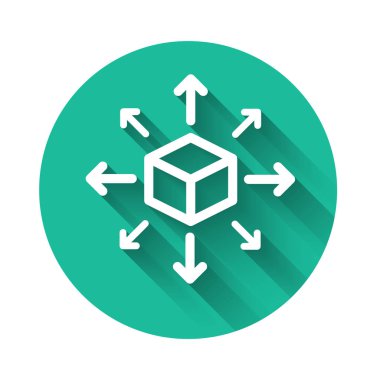 Beyaz Dağıtım simgesi uzun gölgeli izole edilmiş. İçerik dağıtım konsepti. Yeşil daire düğmesi. Vektör İllüstrasyonu