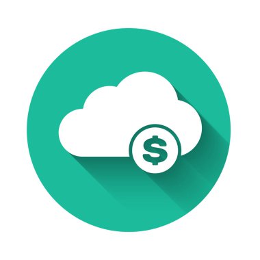 Beyaz Cryptocurrency bulut madenciliği simgesi uzun gölge ile yalıtılmış. Blockchain teknolojisi, bitcoin, dijital para piyasası, kripto para cüzdanı. Yeşil daire düğmesi. Vektör İllüstrasyonu