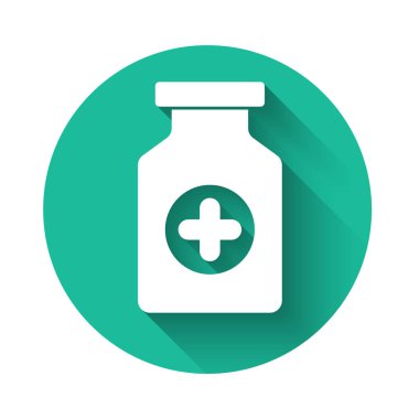 Uzun gölgeli beyaz ilaç şişesi ikonu. Şişe hapı işareti. Eczane tasarımı. Yeşil daire düğmesi. Vektör İllüstrasyonu