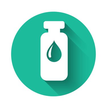 Beyaz tıbbi şişe, ampul, uzun gölgeli şişe ikonu. Aşı, iğne, aşı, sağlık hizmeti konsepti. Yeşil daire düğmesi. Vektör İllüstrasyonu