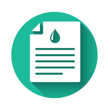 Kan testi sonuçlarının olduğu beyaz tıbbi pano uzun gölgeli izole edilmiş. Klinik kayıtları, reçeteli ilaçlar, sağlık kontrolü raporları. Yeşil daire düğmesi. Vektör İllüstrasyonu