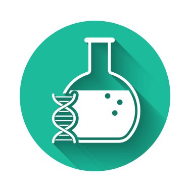 Beyaz DNA araştırması, uzun gölgeli bir arama simgesi. Genetik mühendisliği, genetik testler, klonlama, babalık testleri. Yeşil daire düğmesi. Vektör İllüstrasyonu