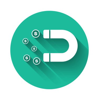 Para ikonlu beyaz mıknatıs uzun gölgeli izole edilmiş. Yatırım ve para çekme kavramı. Büyük işletmelerin kazanç kaynağı ve başarısı. Yeşil daire düğmesi. Vektör İllüstrasyonu