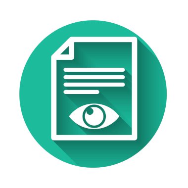 Göz sembolü simgesi olan beyaz kağıt sayfa uzun gölgeli. Bilgi dosyası işaretini aç. Yeşil daire düğmesi. Vektör İllüstrasyonu