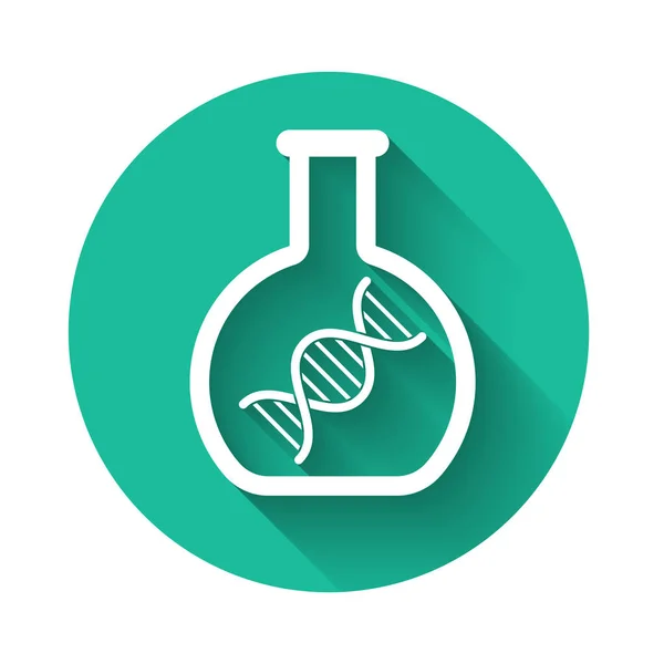 White DNA research, search icon isolated with long shadow. Genetic engineering, genetics testing, cloning, paternity testing. Green circle button. Vector Illustration — Stock Vector