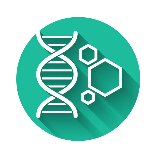 White Genetic engineering icon isolated with long shadow. DNA analysis, genetics testing, cloning, paternity testing. Green circle button. Vector Illustration — Stock Vector