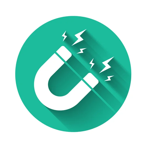 White Magnet with lightning icon isolated with long shadow. Horseshoe magnet, magnetism, magnetize, attraction sign. Green circle button. Vector Illustration — 스톡 벡터