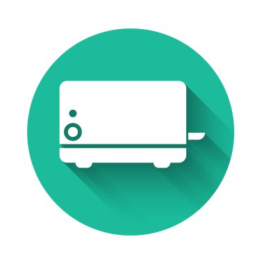 Beyaz tost makinesi simgesi uzun gölgeli. Yeşil daire düğmesi. Vektör İllüstrasyonu