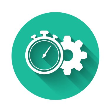 Beyaz zaman yönetimi simgesi uzun gölge ile yalıtılmış. Saat ve vites işareti. Verimlilik sembolü. Yeşil daire düğmesi. Vektör Illustration