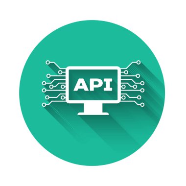 Beyaz Bilgisayar Ağı arayüz simgesi uzun gölgeli izole edildi. Uygulama programlama arayüzü Api teknolojisi. Yazılım entegrasyonu Yeşil daire düğmesi. Vektör İllüstrasyonu