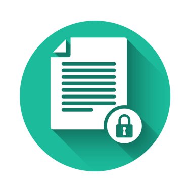 Beyaz Belge ve kilit simgesi uzun gölgeli izole edildi. Dosya biçimi ve asma kilit. Güvenlik, güvenlik, koruma kavramı. Yeşil daire düğmesi. Vektör İllüstrasyonu