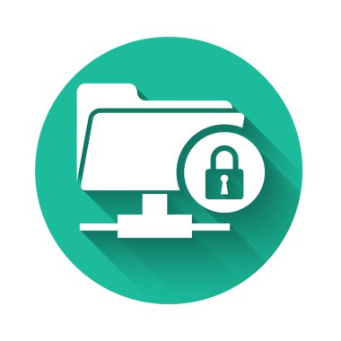 Beyaz Ftp dizini ve kilit simgesi uzun gölgeli izole edildi. Yazılım güncellemesi konsepti, ftp transfer protokolü. Güvenlik, güvenlik, koruma kavramı. Yeşil daire düğmesi. Vektör İllüstrasyonu