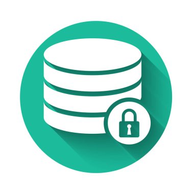 Kapalı asma kilit simgesine sahip beyaz sunucu güvenliği uzun gölgeli izole edildi. Veritabanı ve kilit. Güvenlik, güvenlik, koruma kavramı. Yeşil daire düğmesi. Vektör İllüstrasyonu