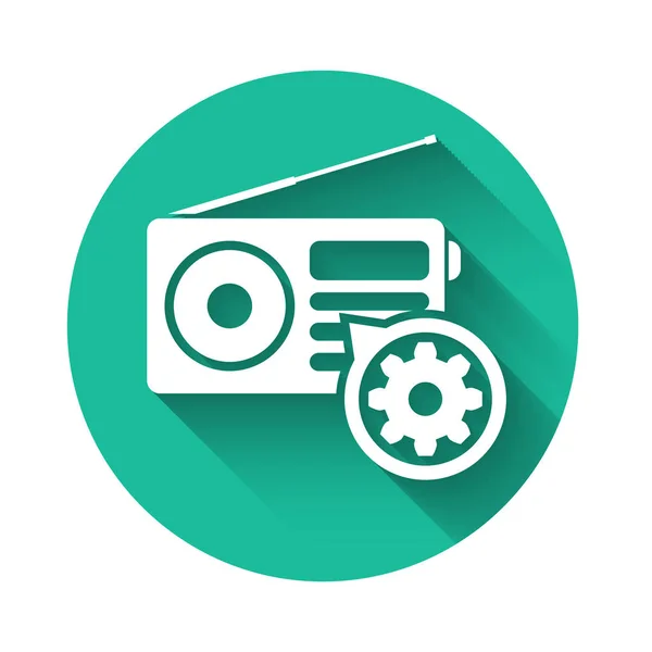 White Radio with antenna and gear icon isolated with long shadow. Adjusting app, service concept, setting options, maintenance, repair, fixing. Green circle button. Vector Illustration — Stock Vector