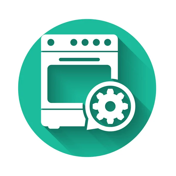 White Oven and gear icon isolated with long shadow. Adjusting app, service concept, setting options, maintenance, repair, fixing. Green circle button. Vector Illustration — 스톡 벡터