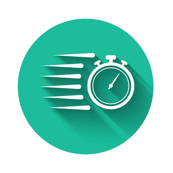 White Stopwatch icon isolated with long shadow. Time timer sign. Chronometer sign. Green circle button. Vector Illustration — Stock Vector