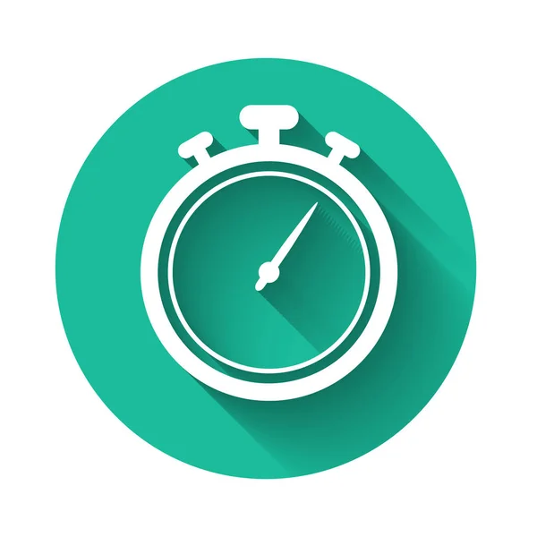 Witte Stopwatch icoon geïsoleerd met lange schaduw. Tijdklok teken. Chronometerteken. Groene cirkel knop. Vector Illustratie — Stockvector