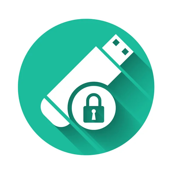 Clé USB blanche avec icône de cadenas fermée isolée avec une ombre longue. Sécurité, sûreté, concept de protection. Bouton rond vert. Illustration vectorielle — Image vectorielle