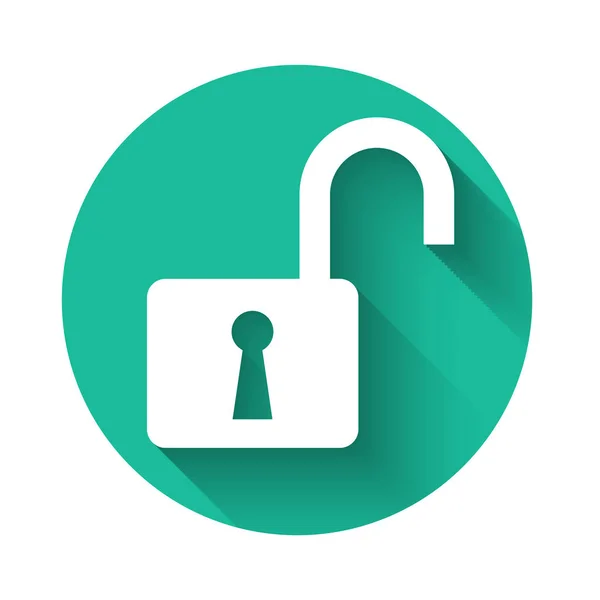 Icône de cadenas ouverte blanche isolée avec une ombre longue. Panneau ouvert. Concept de cybersécurité. Protection des données numériques. Sécurité. Bouton rond vert. Illustration vectorielle — Image vectorielle