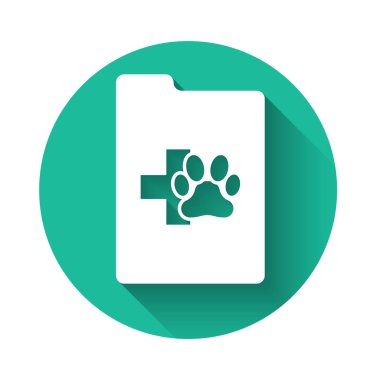 Tıbbi klinik kayıt pet simgesi uzun gölge ile izole ile Beyaz Pano. Sağlık sigortası formu. Tıbbi kontrol işaretleri raporu. Yeşil daire düğmesi. Vektör İllüstrasyonu