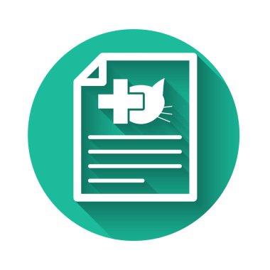 Uzun gölgeli köpek veya kedi ikonu ile seyahat için beyaz tıbbi sertifika. Evcil hayvan için belge. Yeşil daire düğmesi. Vektör İllüstrasyonu